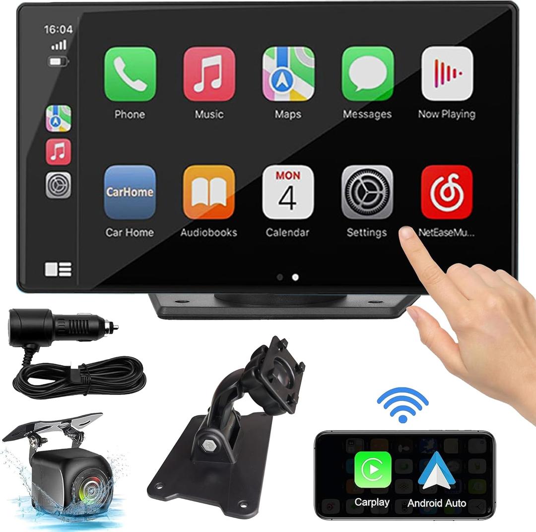 Portable Wireless Apple Carplay/Android Auto Screen for Car, 7" HD Touchscreen Car Stereo with Mirror Link, Bluetooth 5.0, AUX,FM,Backup Camera,Navigation for All Vehicles