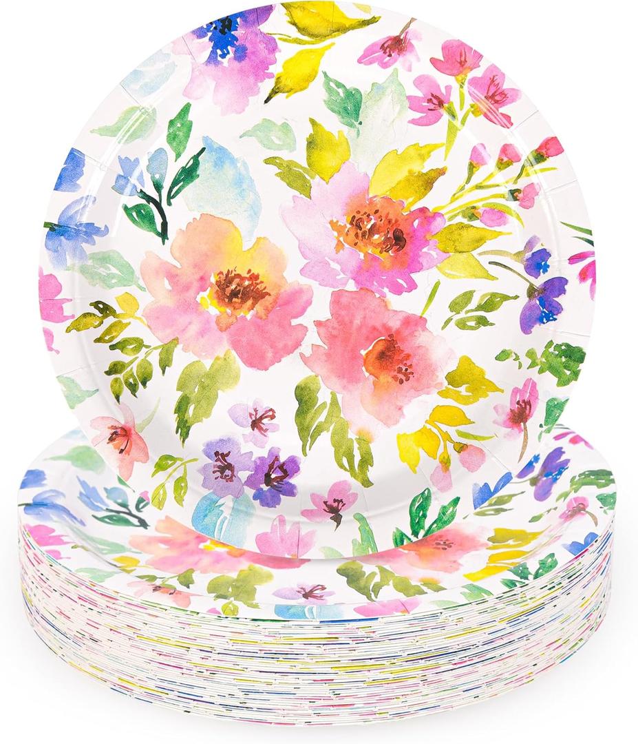 48Pcs Floral Paper Plates Spring Summer Flowers Disposable Party Dessert Plate 7" Watercolor Purple Pink Bouquet Meadow Plates for Birthday Wedding Baby Bridal Shower Party Supplies (48)