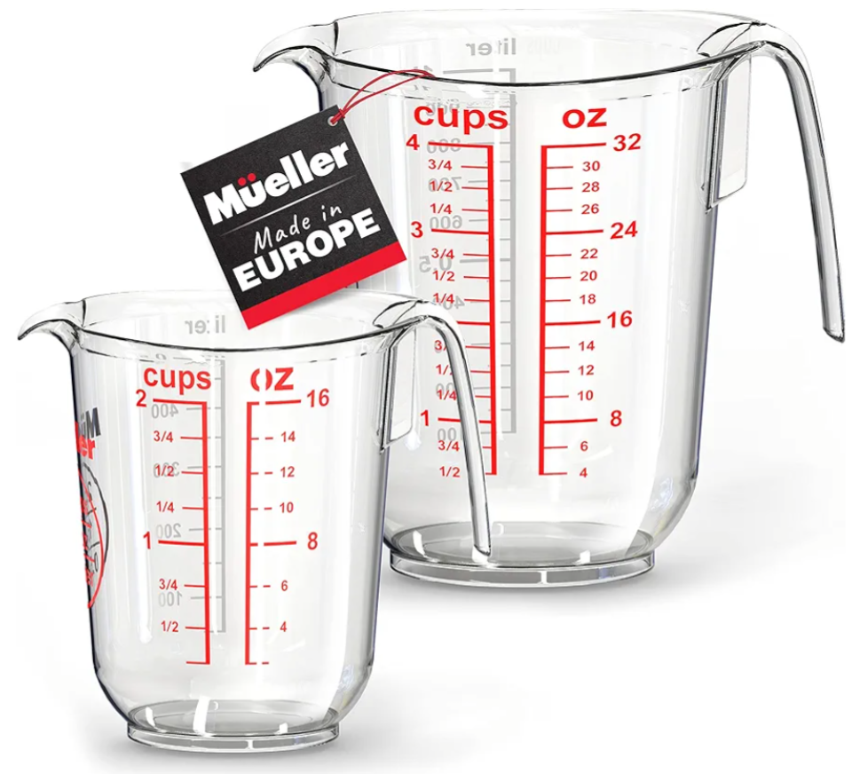 International Clear Measuring Cup Set – Two Piece Set 4 Cups/30 oz & 2 Cups/16 oz, Liquid and Dry Measuring Cups, Shutter-proof, European Made