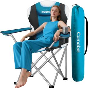 Camabel Folding Camping Chairs Oversized Heavy Duty Padded 400 LBS Beach Chair Portable Outdoor Lawn Chairs with Cup Holder Carry Bag for Sporting Hiking Picnics Fishing Deep Lake Blue