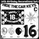 16th Birthday Party Decorations for Boys, Black White 16th Party Supplies with Hide The Car Keys Banner Black 16th Number Balloons Happy 16th Birthday Banner Cake Topper for Boys Girl Birthday Decor