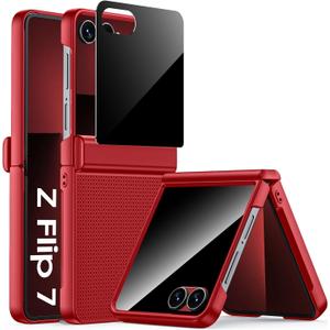 for Samsung Galaxy Z Flip 7 Case with Privacy Screen Protector & Hinge Protection, Slim Non-Slip Hard Full Body Shockproof Cover Wireless Charging Case for Galaxy Z Flip 7 (Burgundy Red)