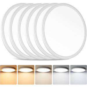 Brightever 12 Inch LED Ceiling Light Flush Mount, 24W 3200LM 0.67 Inch Thickness Close to Ceiling Light Fixtures, 2700K/3000K/4000K/5000K/6500K Color Selectable Light Fixtures Ceiling Mount, 6 Packs (5CCT-White)