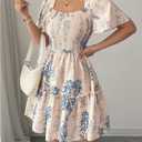 SOLY HUX Women's Floral Mini Dress Short Sleeve Square Neck Vacation A Line Flowy Dresses (M)