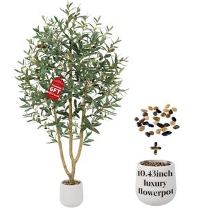 6FT Olive Trees Artificial, Large Faux Olive Tree with White Tall Planter, Faux Tree Indoor with Lush Lifelike Fruits for Living Room Bedroom Balcony Corner Office Home Decor