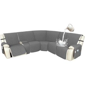 Arfntevss Recliner Sectional Couch Covers 1OO% Waterproof L Shape Sofa Cover for Reclining L Shaped Sectional Slipcover Dog Washable Corner Non Slip Protector (5 Seater with 1 Console, Dark Gray)