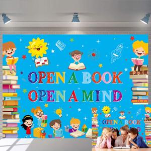 3 x Reading Themed Backdrop Open a Book Open a Mind Background World Book Day Children Students Classroom Party Decorations Library Elementary Banner Photo Booth Props (7X5FT)