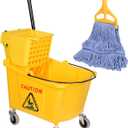 Side Press Wringer Combo Commercial Mop Bucket on Wheels, Including 1 Set Commercial Mop Handle with 1 Pack Blue Mop Heads, 35 Quart, Yellow Bucket