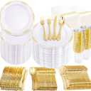 supernal 800pcs Gold Plastic Dinnerware Set,100pcs 10.25" Dinner Plates,100pcs 7.5" Dessert Plates,400 Gold Plastic Silverware,100 Cups,100 Napkins,100 Guest Tableware set