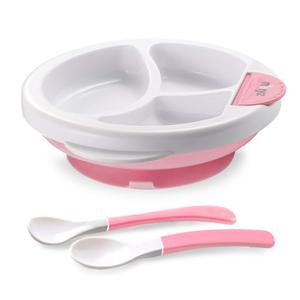 Matyz Baby Feeding Suction Warm Plate with Draining and Drying Design - Stay Put Divided Plate for Kids - Including 1 Toddler Plate and 2 Spoons - Microwave & Dishwasher Safe (Pink)