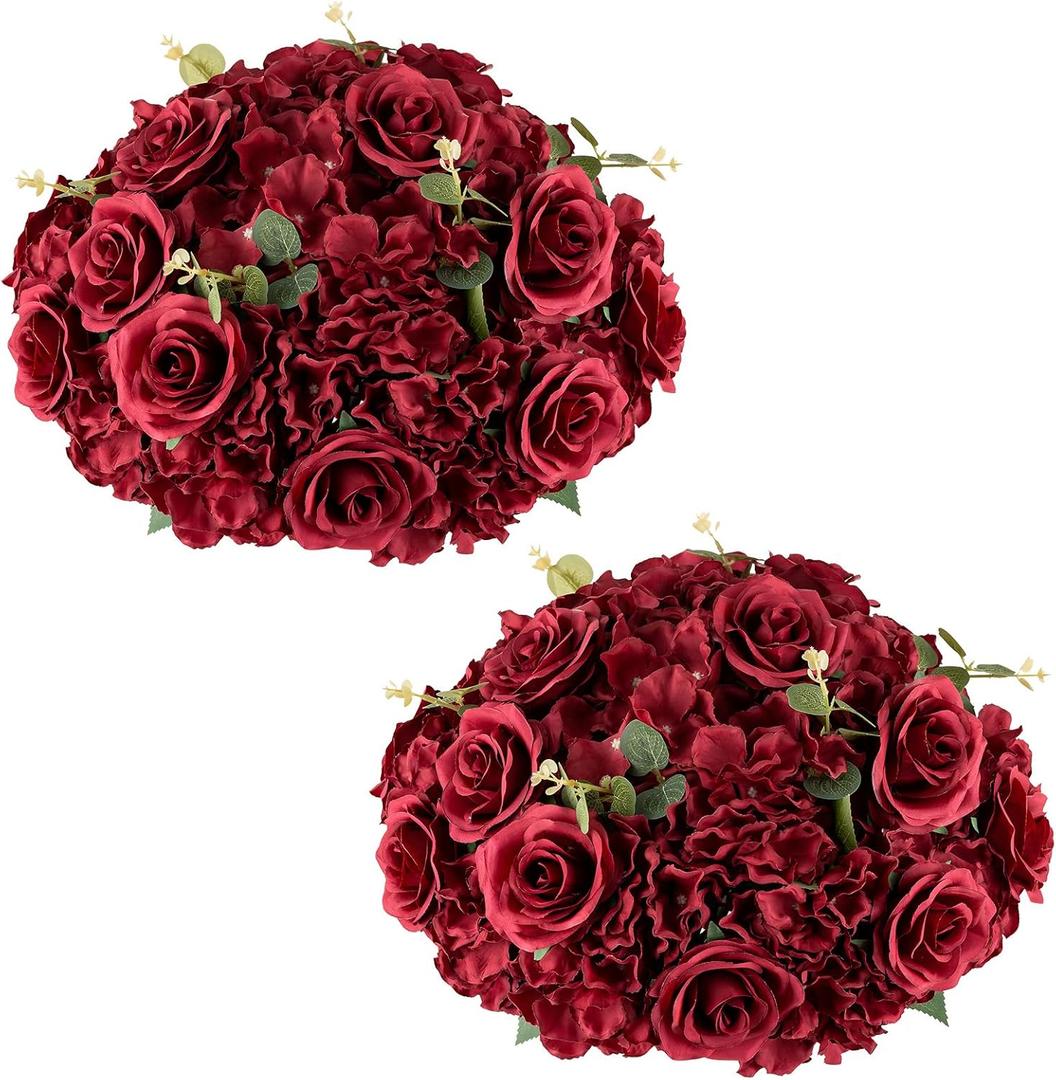 Nuptio Flower Balls for Wedding Centrepieces - 2 Pcs 15.7 inch Diameter Large Burgundy Artificial Flowers Roses Ball Fake Flower Arrangement Bouquet Faux Rose for Wedding Party Centrepiece Decorations