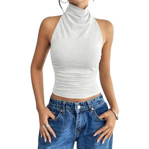 SOLY HUX Women's Cowl Neck Halter Top Open Back Sleeveless Tank Tops Draped Front Vest Shirts Solid White X-Small