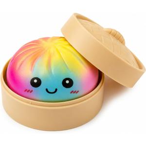 Rainbow Tie-Dye Bao Bun Dumpling Squishies Toy with Steamer, 3.3 Inch Cute Squishies Dumpling Stress Relief Toy, Soft Squeeze Sensory Fidget Toy, Gift for Party Favors
