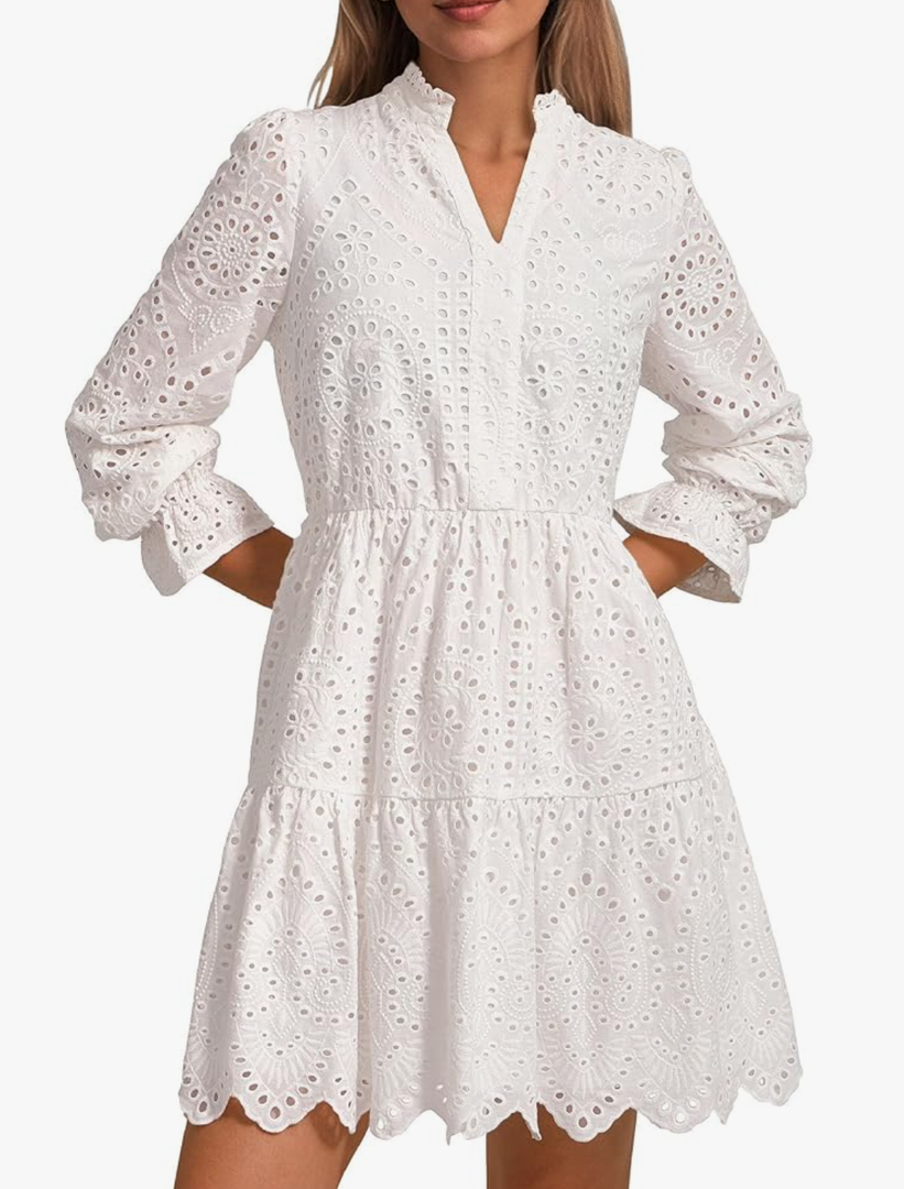 PRETTYGARDEN Women's Spring 2025 Long Puff Sleeve Mini Dress Hollow Out Lace V Neck A Line Ruffle Casual Party Dresses, S