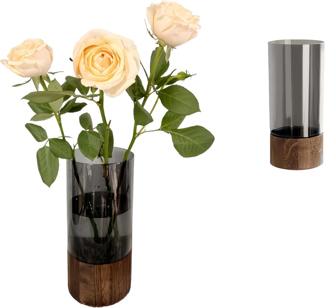 Shatterproof Acrylic Flower Vase with Wood Base10H*4.7''W Modern Table Centerpiece for Home Office Decor, Holds Fresh/Dried Stems, Lightweight&Stable, Present for Housewarming Christmas (Cylinder) (Cylinder Black Transparent)
