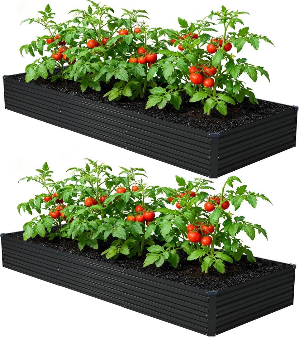 Foxlang Galvanized Raised Garden Beds, 2 Pack, 12 x 4 x 1 ft Each, Open-Base Metal Planter Boxes for Vegetables, Flowers and Herbs, Black