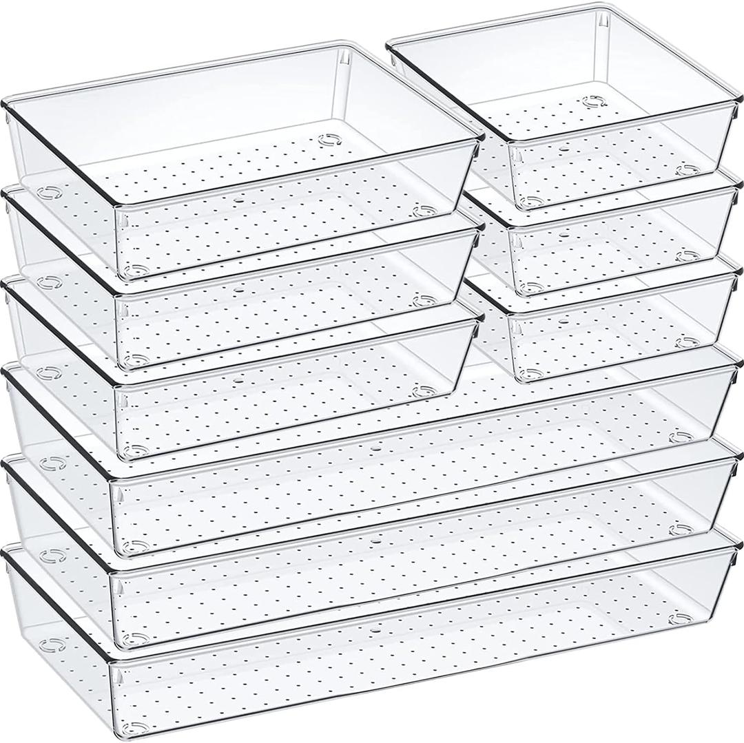 3 Pack Clear Plastic Drawer Organizer Set, Acrylic Non Slip Non Cracking Kitchen Drawer Storage Tray Large Size Divider, Multifunctional Storage for Cosmetics, Bathroom, Tools, Kitchen and Office