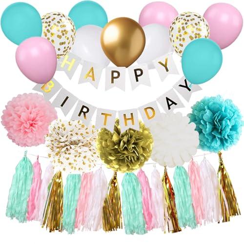 Wiletasz Teal Blue & Pink Teen Birthday Decorations, Teal & Pink Balloons, Banner, Tassels, Pompoms & Ribbon for Girls Women Teens Kids Parties