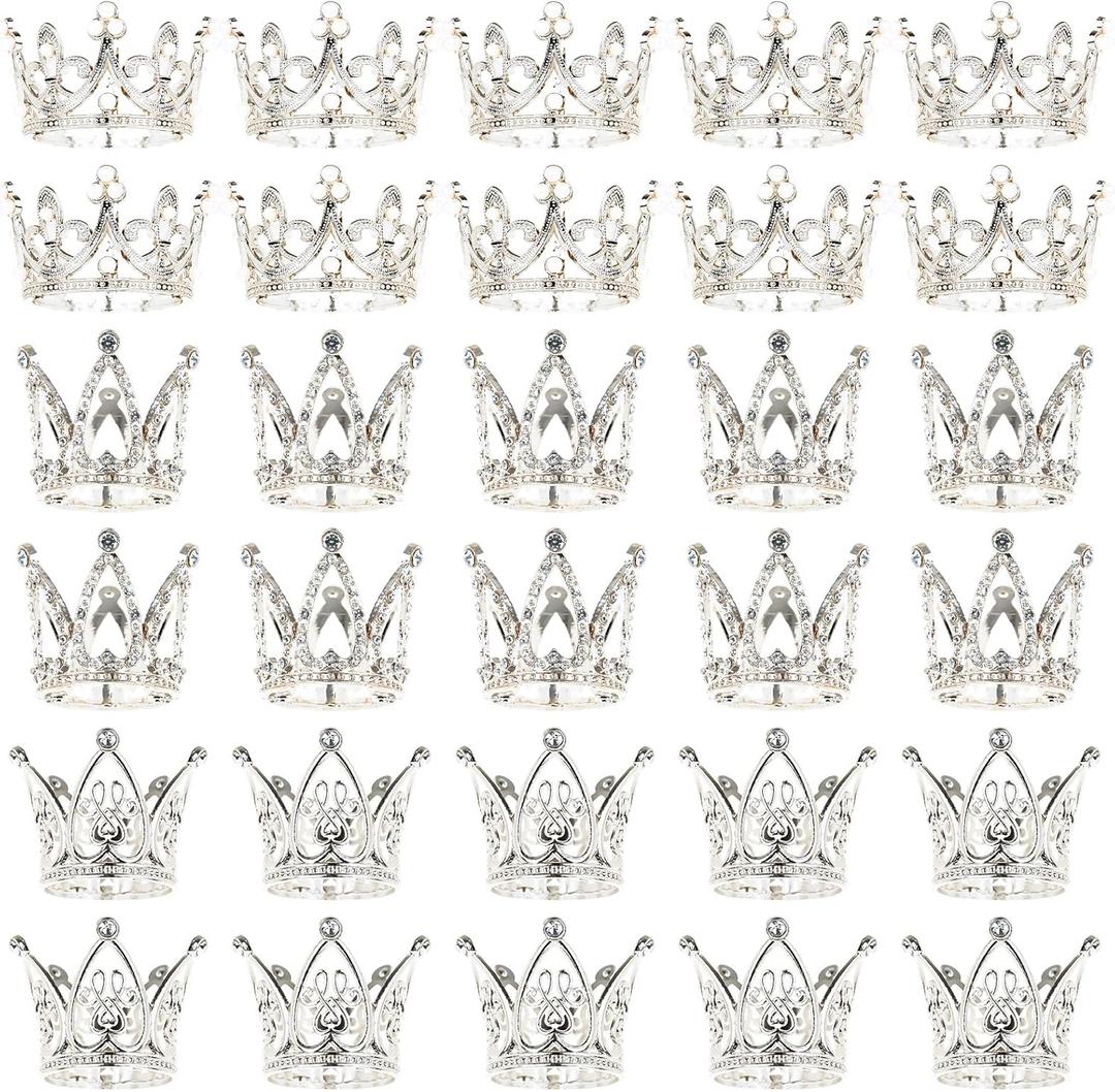 30 Pcs Silver Crown Cake Topper, Crowns for Flower Bouquets Mini Crown Toppers for Flower Arrangements Glittering Cake Decoration for Girl Lady Bridal Mothers Day Wedding Birthday Party, 3 Style
