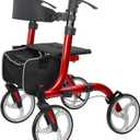 Rollator Walkers for Seniors-Folding Rollator Walker with Seat and Four 10inch Wheels-Medical Rolling Walker with Comfort Handles and Thick Backrest-Lightweight Aluminium Frame and Basket (Red)