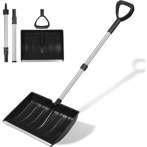 Ergonomic Large Snow Shovel for Driveway: 48-Inch Dual-Lock Knob Anti-Wobble Handle, 16" Plastic Blade w/Metal Edge, Ultra-Light 1.9 lb, Portable Aluminum Shaft, Car, Camping & Emergency, Black