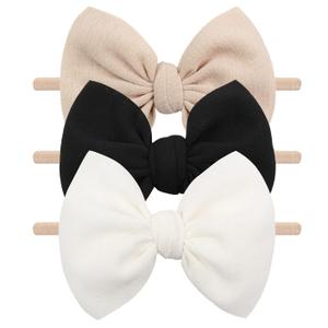YanJie 3 Pcs Soft Headbands Baby Girls Nylon Headband with Hair Bow Hairbands Hair Accessories for Newborn Infant Toddler Kids (0-Beige Black White)