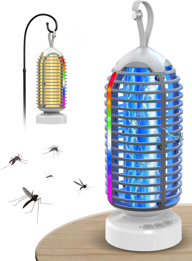 Bug Zapper Outdoor Indoor, 3000V Electric Mosquito Zapper with 4000mAh Rechargeable Battery, Waterproof Mosquito Killer, 3-in-1 Marqueen Light, Camping Lantern & Fly Zappers for Home, Patio, Garden (Gray)