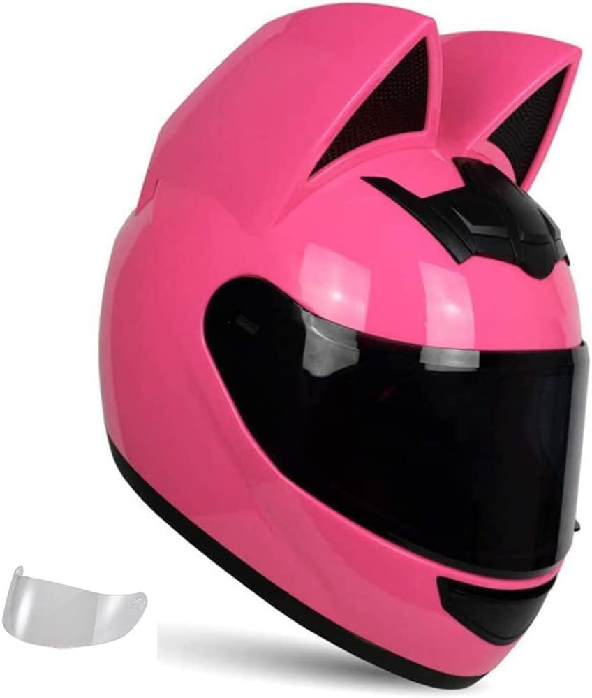 Cat Ear Offroad Helmets,Men and Women Full Face Motorcycle Helmet,for Dirt Bike, Four-Wheeled ATV (X-Large, Pink helmet Black Lens)