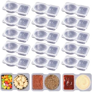 15 Sets Double Compartment Condiment Containers with Lid, Transparent Small Plastic Dipping Containers for Condiments or Dips, Sauce Snack, Salad Dressing, Sampling, Travel Snack