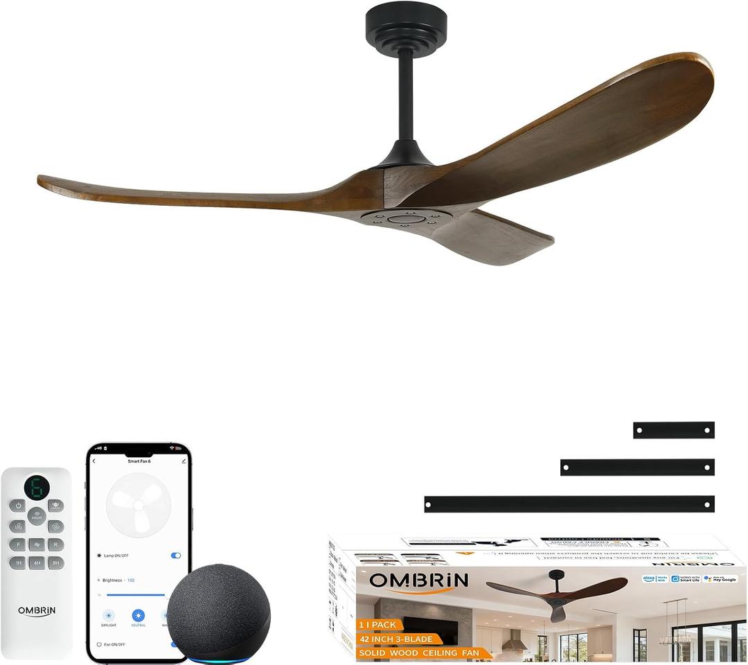 42 Inch Outdoor Ceiling Fans without Lights, Smart Wood Ceiling Fan no Light with Remote Control & Alexa/Google, Outdoor Fan for Patios Farmhouse 3 Blades High CFM Ceiling Fans Bronze