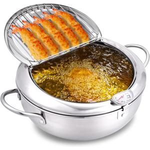 cuomaop Deep Fryer Pot, 304 Stainless Steel Japanese Frying Pot with Oil Drain, Temperature Control and Lid, Tempura Deep Fryer Pot for Kitchen Stove/Induction Cooker French Fries Fryer Chicken 9.4"