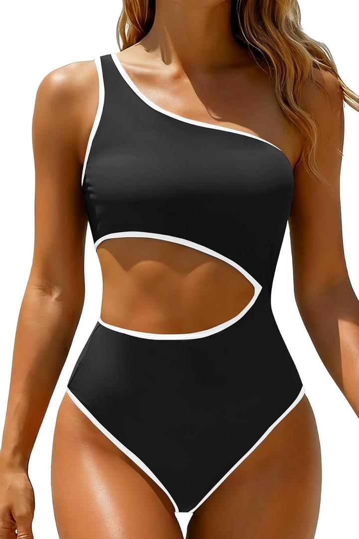 Women's One Piece Swimsuit- One Shoulder Bathing Suit Cutout Tummy Control Swimwear (X-Large, Black White)