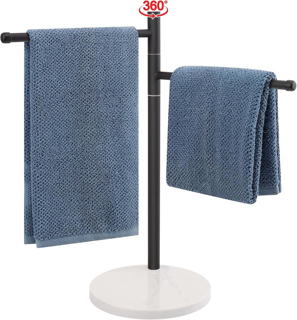 Hand Towel Holder, F-Shape Hand Towel Stand with Marble Base, Stainless Steel Swivel Hand Towel Rack Bar Standing for Bathroom Kitchen Countertop, 2 Arms (Matte Black)