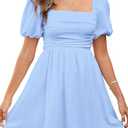 JKMNAO Women's Summer Square Neck Short Dress Puff Sleeve Off Shoulder Sundress Casual A Line Mini Graduation Dresses Blue,M