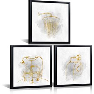 HOMEOART Gold Grey Bathroom Wall Art Bathroom Decor Picture, Set of 3, Black Frame 12x12 inch