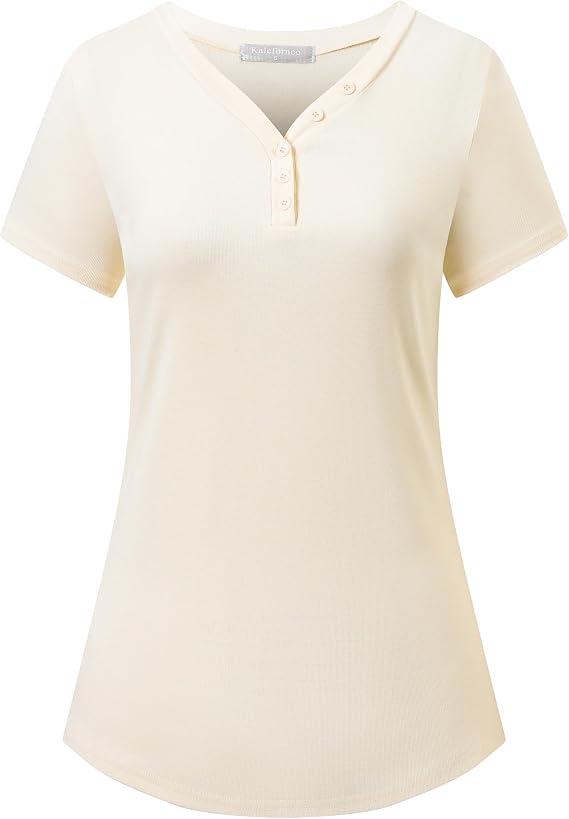 Kaleforneo Women's Short Sleeve Sweater 2026 Spring Summer Lightweight V Neck Button Tops Blouses Business Casual Outfit Apricot S