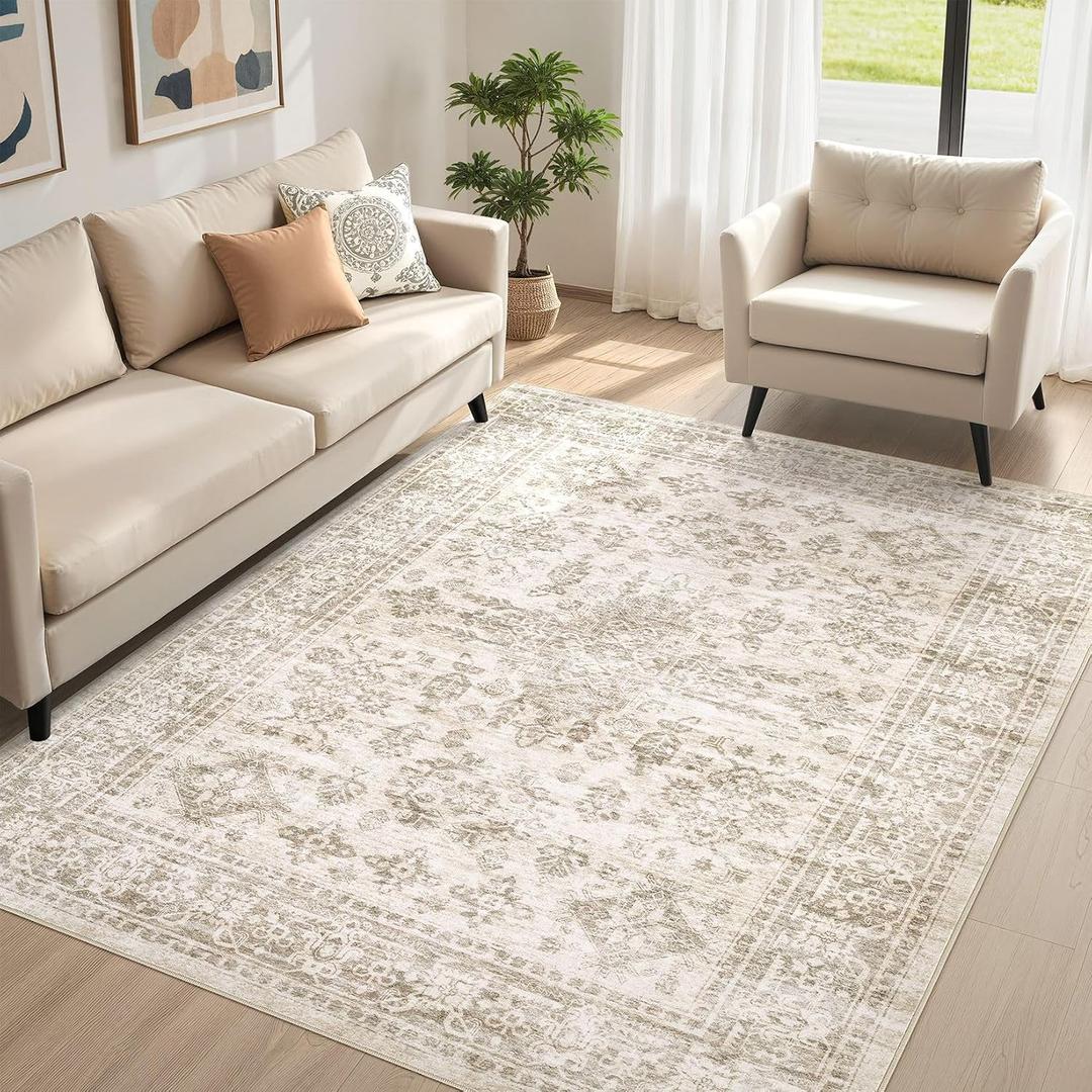 5x7 Area Rug for Living Room, Washable Vintage Pattern, Non-Slip Stain Resistant Soft Durable Floor Rug for Bedroom & Dining Room - (Light Brown & Beige)