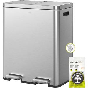 EKO Edison Dual Trash Can for Recycling and Trash, 8+8 Gallons Kitchen Garbage Can with Dual Removable Inner Liners, Independent Lids and Pedals, Matte Stainless Steel