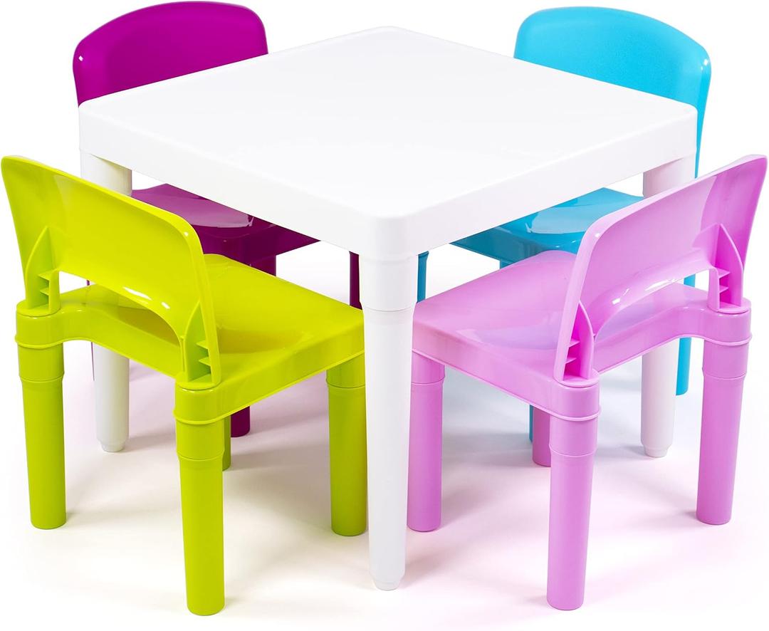 Humble Crew Kids Plastic Table and Chair Set, Toddler Activity Table with 4 Chairs, Lightweight Easy-Clean Kids Desk for Play, Snacks & Crafts, Indoor Outdoor Playroom Furniture, White/Pastel