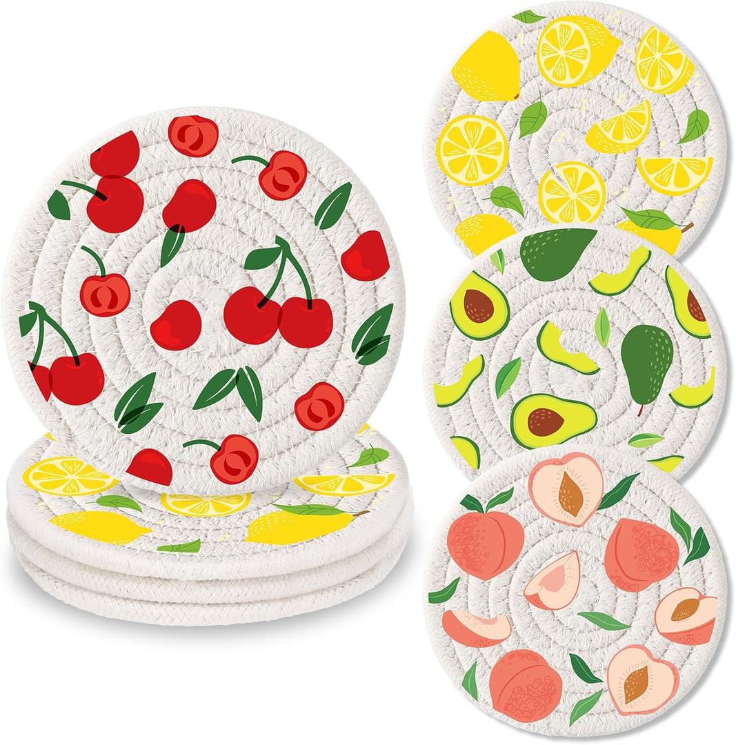 Tegeme 4 Pcs Fruit Pattern Coasters Handmade Braided Cotton Holiday Drink Mats Festive Plaid Snowflake Design Anti Slip Absorbent Cup Coasters for Home Office Party Table Decor