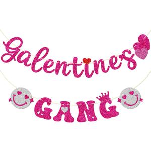 Galentine's Gang Banner, Pre-strung Valentine's Day Banner for girls, Galentine's Day Decorations, Pink Glitter