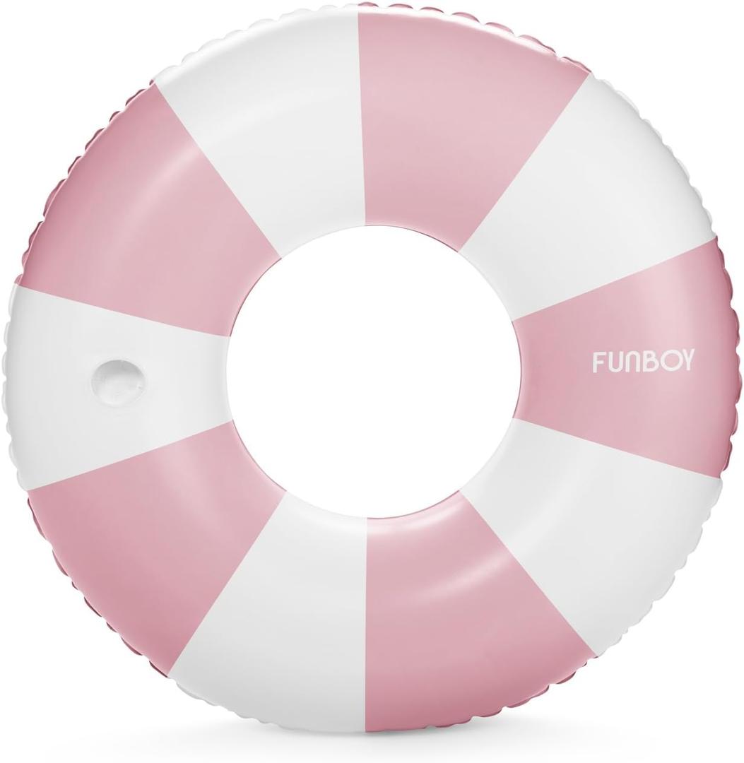 FUNBOY Giant Vintage Stripe Inflatable Tube Pool Float with Cup Holder 48" Large Pool Float for Adults Inner Tube Swimming Pool Toys Swim Rings Pool Lounger Float for Pool Party & Summer (Pink)