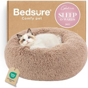 Bedsure Calming Cat Beds for Indoor Cats - Small Cat Bed Washable 20 inches, Anti-Slip Round Fluffy Plush Faux Fur Pet Bed, Fits up to 15 lbs Pets, Camel