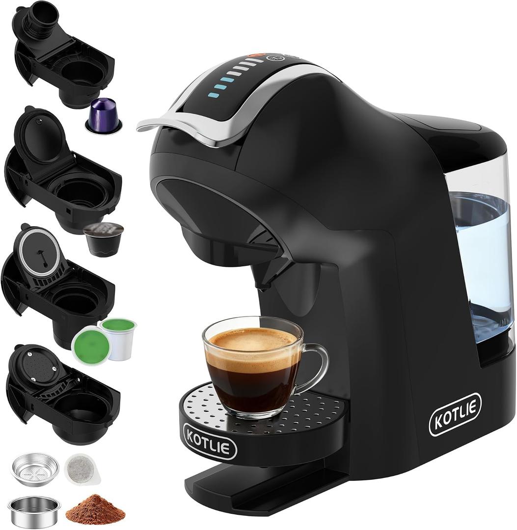 KOTLIE EM-308B Espresso Machine, Single Serve Coffee Maker Compatible with Multiple Capsule Types, Ground Coffee, and ESE Pods, 3 Temperatures, 7 Water Volume Levels, 34 Oz (Black)