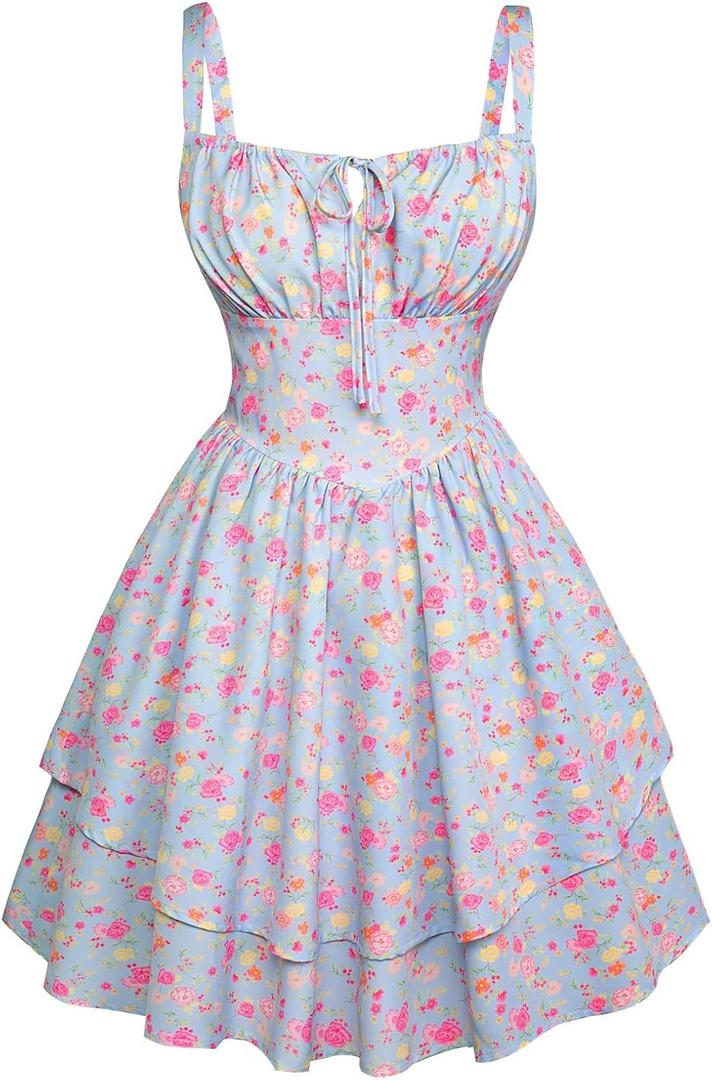 Scarlet Darkness Sundress for Women Summer Sleeveless Floral Dress Ruffle Corset Mini Dress Blue Pink Floral XL