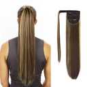 SEIKEA Clip in Ponytail Extension Wrap Around Straight Hair for Women (28", Brown/Ash Blonde Mix)