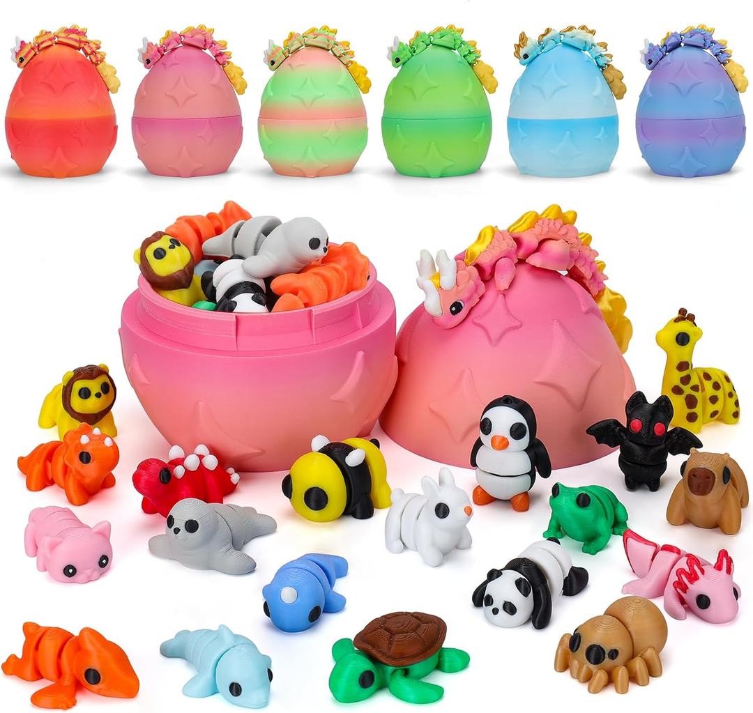 Mini 3D Printed Animals with Dragon Eggs Set, 3D Printed Fidget Toys Bulk, Small Articulated Animal Figures,Easter Basket Stuffers, Pocket Pets, Desk Decor, Party Favors (Animal Family)