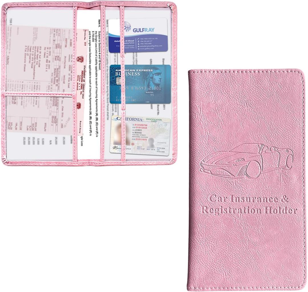 3 x Kewucn Car Registration and Insurance Holder, Leather Auto Glove Box Organizer with Magnetic Shut, Vehicle Compartment Accessories Case for Cards, Driver License & Essential Documents (Large-Pink)