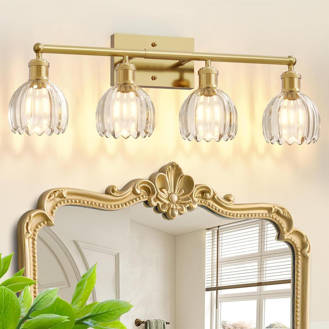 4 Light 27.2 in Bathroom Vanity Light,Rustic Brass Bathroom Lighting Fixtures Over Mirror, Vintage Vanity Mirror Lights Clear Tulip Glass Wall Sconce for Living Room,Bedroom,Hallway,E26 Base