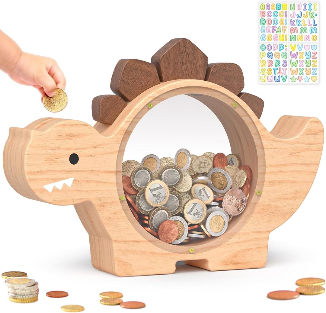 Summidate Wooden Dinosaur Piggy Bank for Kids Boys, Cute Wood Dino Money Bank for Toddlers, Creative Saving Coin Jar, Personalized Present for Child Birthday & Decor (Natrul Wood, Standard)